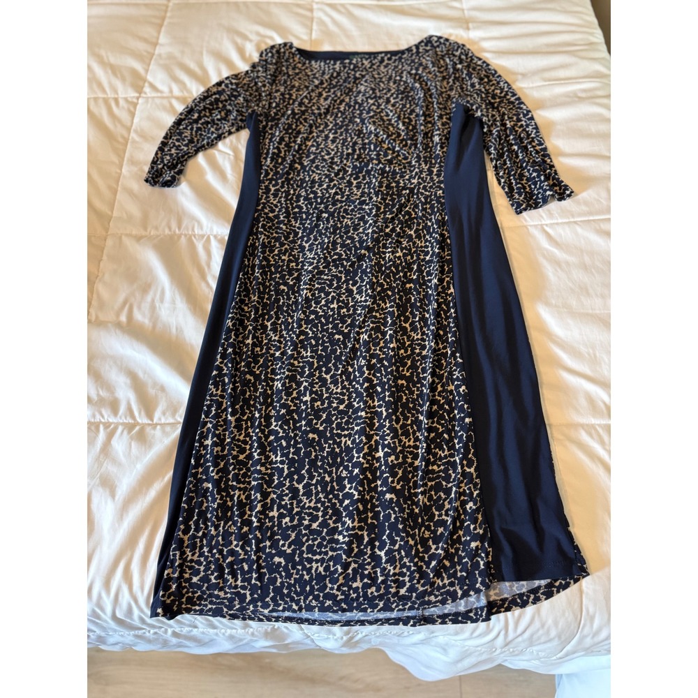 Lauren Ralph Lauren Navy Tan Animal Print Sheath Dress 3/4 Sleeve Size 10